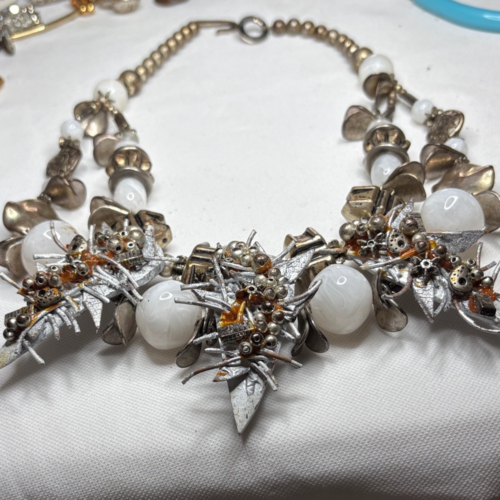 Native Sterling Silver and Pearl colored Glass Bead Necklace.HANDMADE!!!